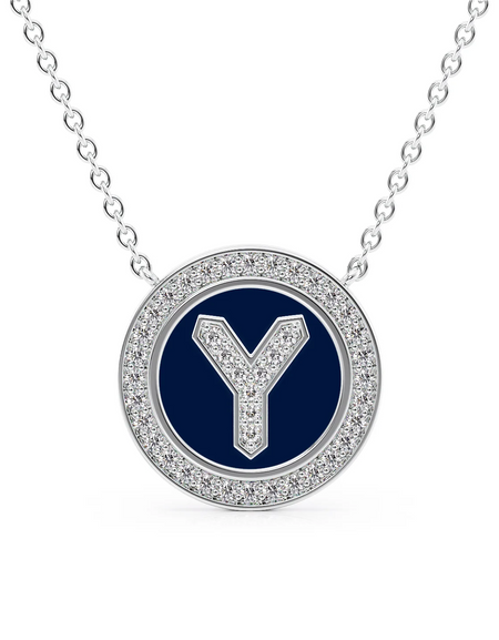 14K White Gold Blue Y Initial Diamond Disk Pendant