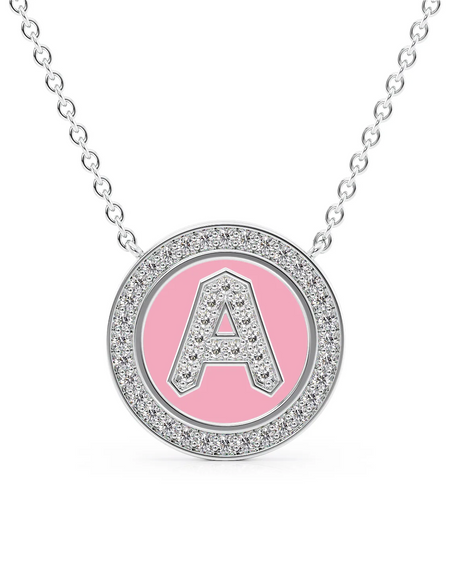 14K White Gold Pink A Initial Diamond Disk Pendant