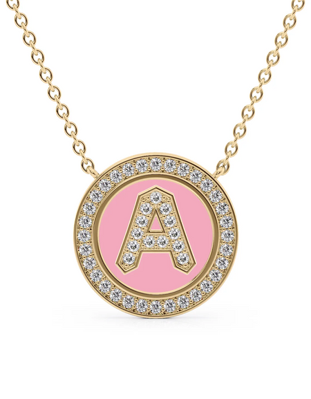 14K Yellow Gold Pink A Initial Diamond Disk Pendant