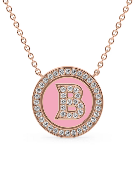 14K Rose Gold Pink B Initial Diamond Disk Pendant