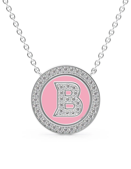 14K White Gold Pink B Initial Diamond Disk Pendant
