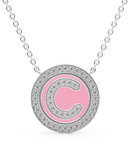 14K White Gold Pink C Initial Diamond Disk Pendant