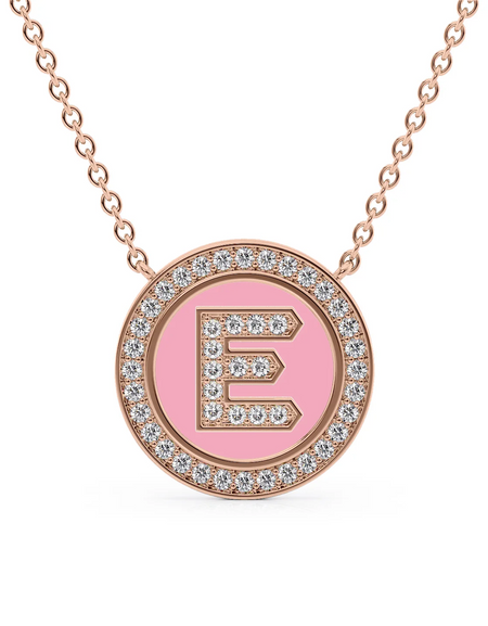 14K Rose Gold Pink E Initial Diamond Disk Pendant