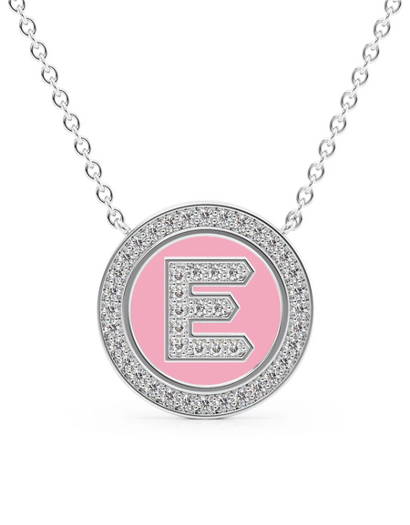 14K White Gold Pink E Initial Diamond Disk Pendant