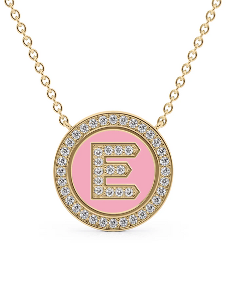 14K Yellow Gold Pink E Initial Diamond Disk Pendant