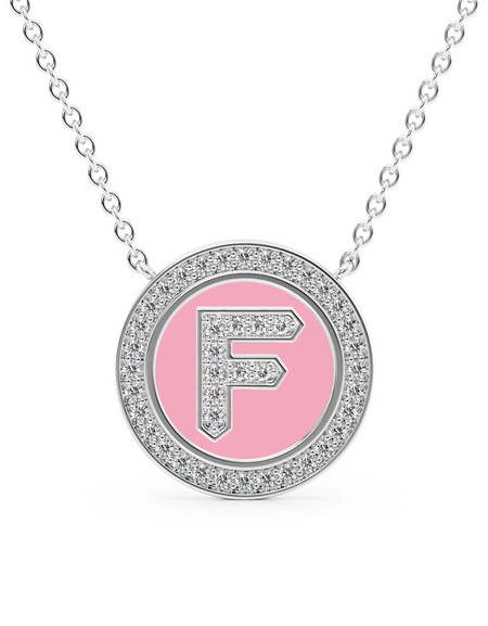 14K White Gold Pink F Initial Diamond Disk Pendant
