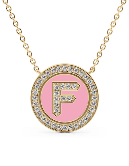 14K Yellow Gold Pink F Initial Diamond Disk Pendant
