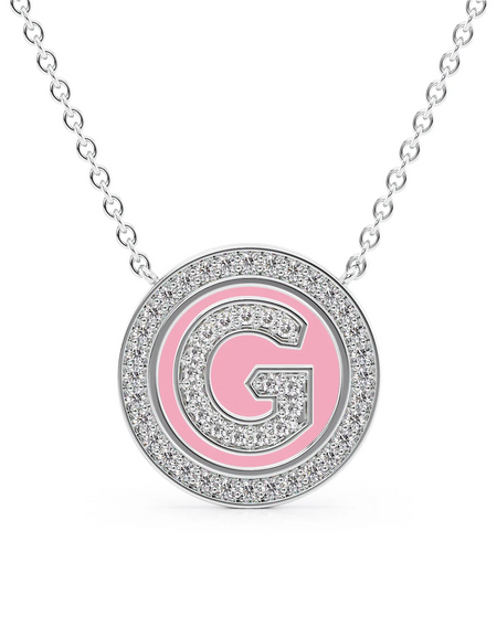 14K White Gold Pink G Initial Diamond Disk Pendant