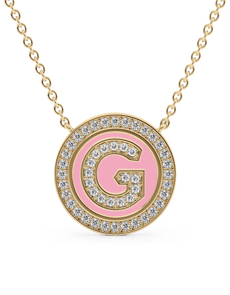 14K Yellow Gold Pink G Initial Diamond Disk Pendant