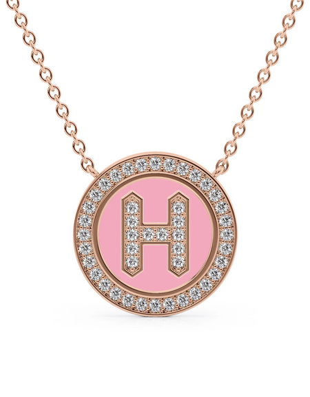 14K Rose Gold Pink H Initial Diamond Disk Pendant