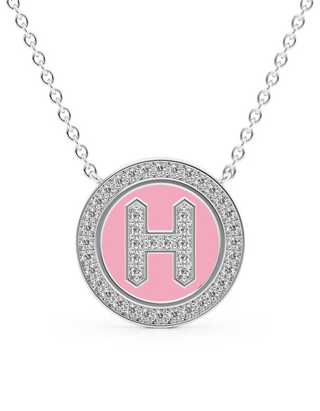 14K White Gold Pink H Initial Diamond Disk Pendant