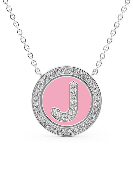 14K White Gold Pink J Initial Diamond Disk Pendant