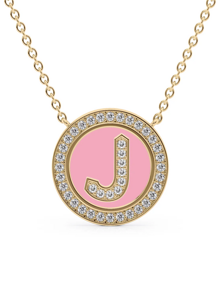 14K Yellow Gold Pink J Initial Diamond Disk Pendant
