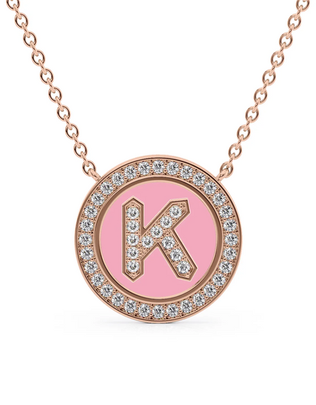 14K Rose Gold Pink K Initial Diamond Disk Pendant