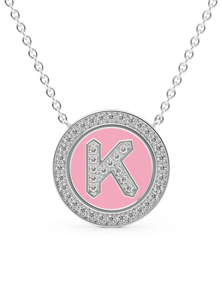 14K White Gold Pink K Initial Diamond Disk Pendant