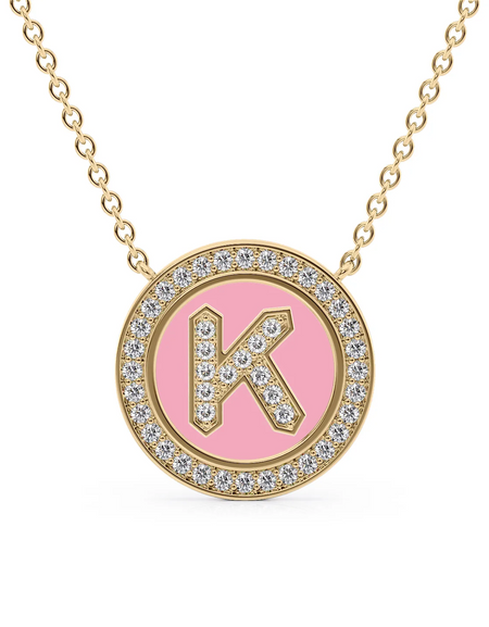 14K Yellow Gold Pink K Initial Diamond Disk Pendant
