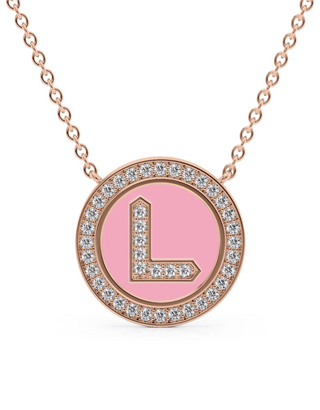 14K Rose Gold Pink L Initial Diamond Disk Pendant