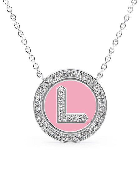 14K White Gold Pink L Initial Diamond Disk Pendant