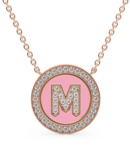 14K Rose Gold Pink M Initial Diamond Disk Pendant