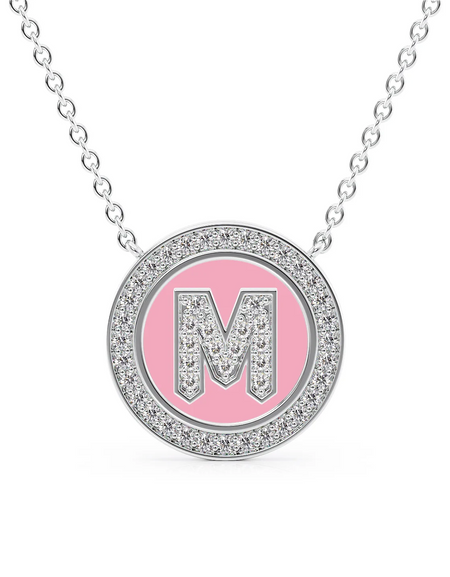 14K White Gold Pink M Initial Diamond Disk Pendant