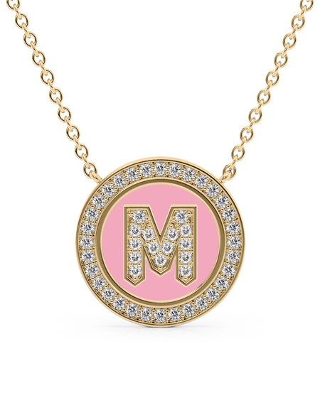 14K Yellow Gold Pink M Initial Diamond Disk Pendant