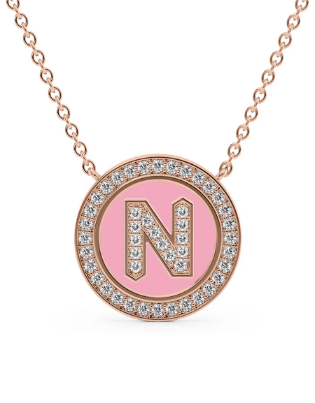 14K Rose Gold Pink N Initial Diamond Disk Pendant