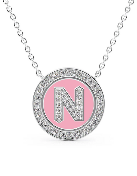 14K White Gold Pink N Initial Diamond Disk Pendant