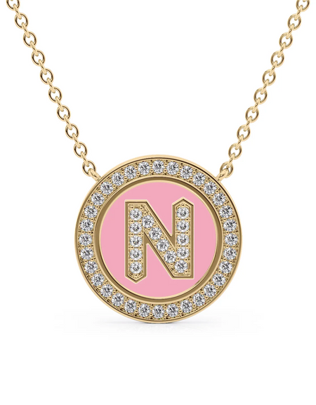 14K Yellow Gold Pink N Initial Diamond Disk Pendant