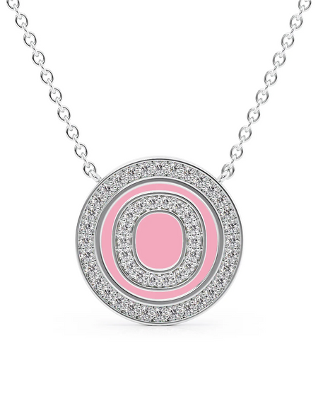 14K White Gold Pink O Initial Diamond Disk Pendant