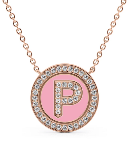 14K Rose Gold Pink P Initial Diamond Disk Pendant