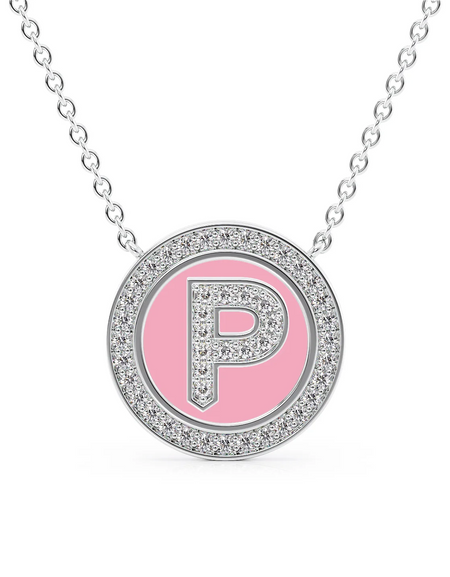 14K White Gold Pink P Initial Diamond Disk Pendant