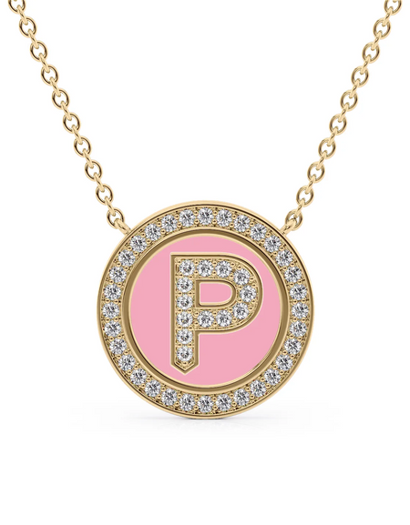 14K Yellow Gold Pink P Initial Diamond Disk Pendant