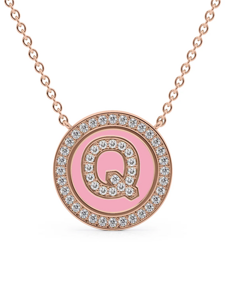 14K Rose Gold Pink Q Initial Diamond Disk Pendant