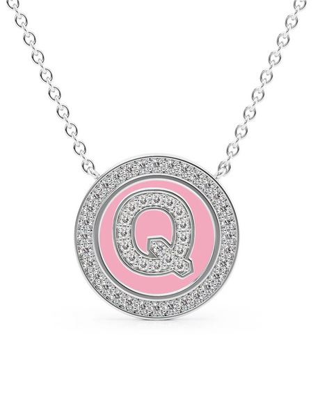 14K White Gold Pink Q Initial Diamond Disk Pendant