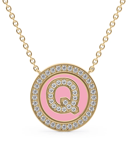 14K Yellow Gold Pink Q Initial Diamond Disk Pendant