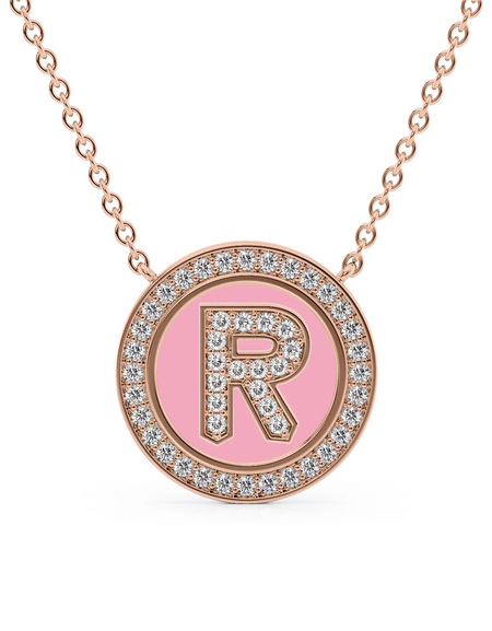 14K Rose Gold Pink R Initial Diamond Disk Pendant