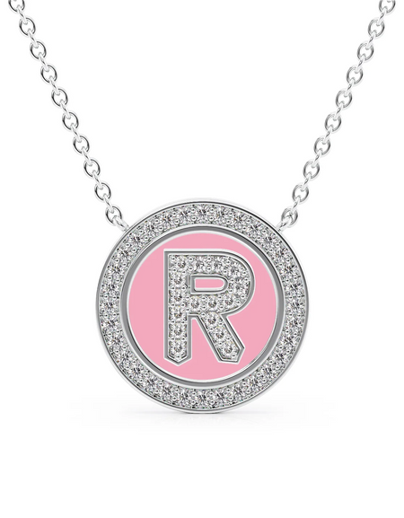 14K White Gold Pink R Initial Diamond Disk Pendant