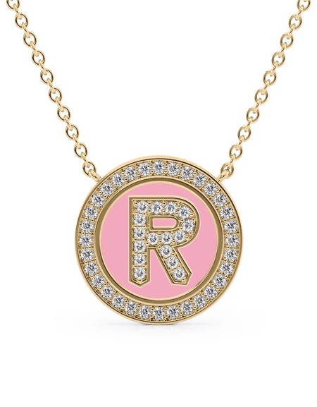 14K Yellow Gold Pink R Initial Diamond Disk Pendant