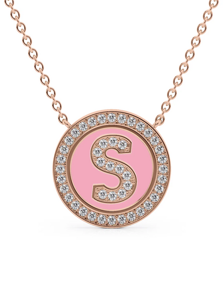 14K Rose Gold Pink S Initial Diamond Disk Pendant