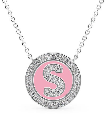 14K White Gold Pink S Initial Diamond Disk Pendant