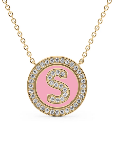 14K Yellow Gold Pink S Initial Diamond Disk Pendant