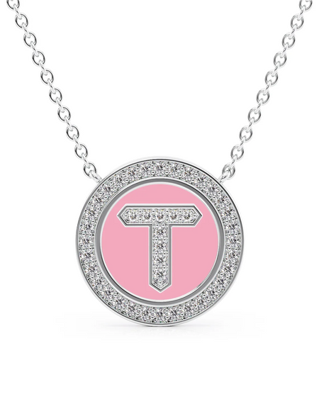 14K White Gold Pink T Initial Diamond Disk Pendant