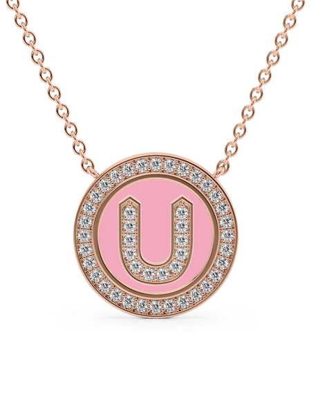 14K Rose Gold Pink U Initial Diamond Disk Pendant