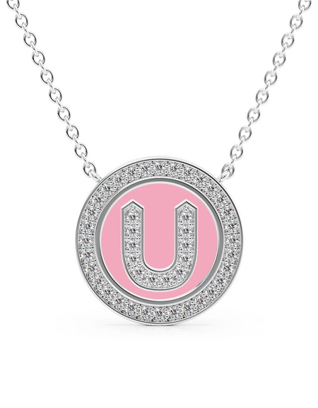14K White Gold Pink U Initial Diamond Disk Pendant