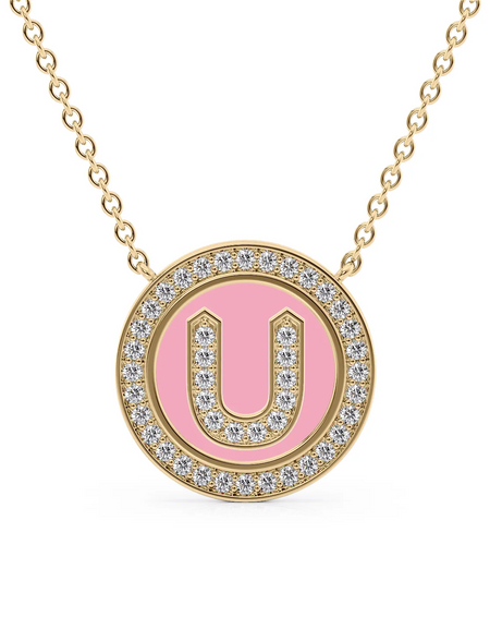 14K Yellow Gold Pink U Initial Diamond Disk Pendant