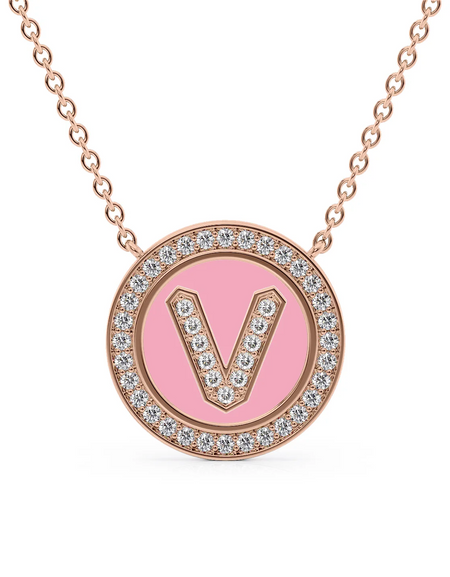 14K Rose Gold Pink V Initial Diamond Disk Pendant