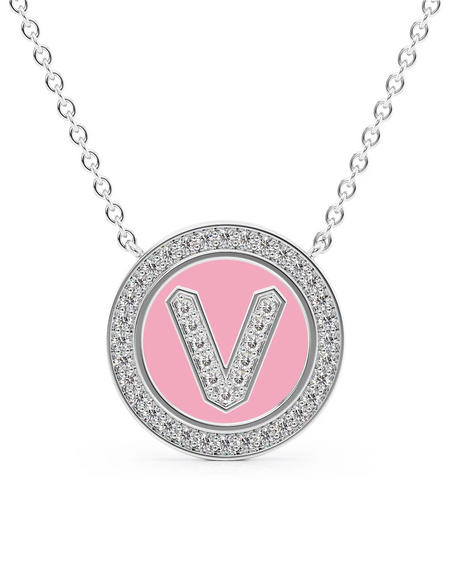 14K White Gold Pink V Initial Diamond Disk Pendant