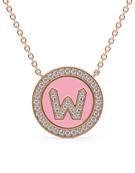 14K Rose Gold Pink W Initial Diamond Disk Pendant