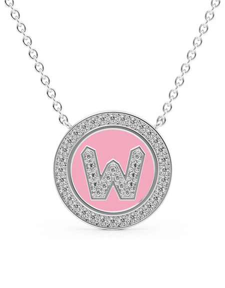 14K White Gold Pink W Initial Diamond Disk Pendant