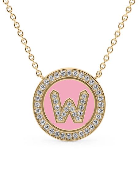14K Yellow Gold Pink W Initial Diamond Disk Pendant